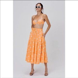 For Love & Lemons Orange Auburn Polka Dot High‎ Waist Tiered Midi Skirt S